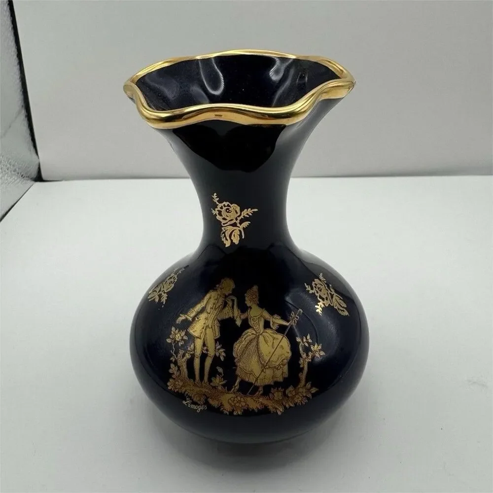 Porcelain Imperial  Limoges Vase Blue & Gold, Limoges France Printed Backstamp